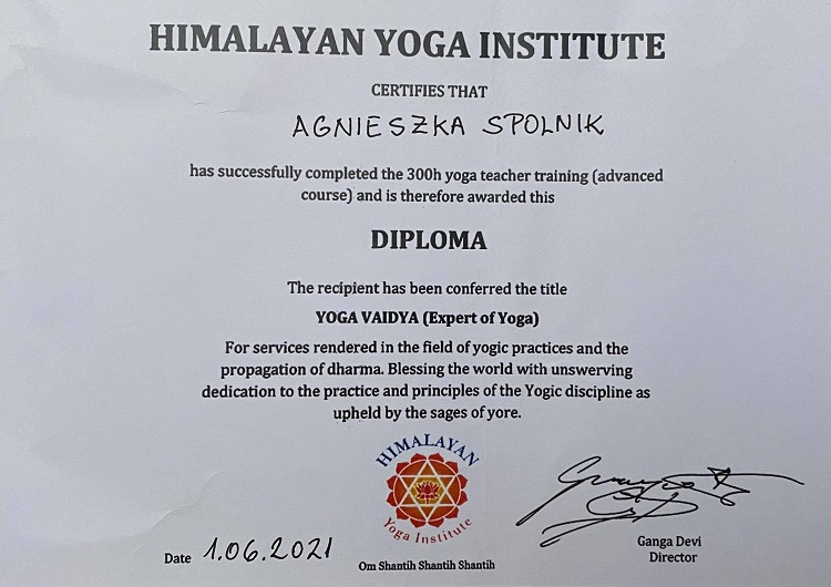 certyfikat YOGA VAIDYA